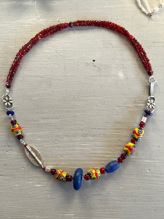 Necklace with old Murano glass beads, silver and old Lapis lazuli beads