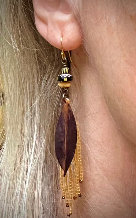 Chandelier earrings with antique Murano beads and copper leaf