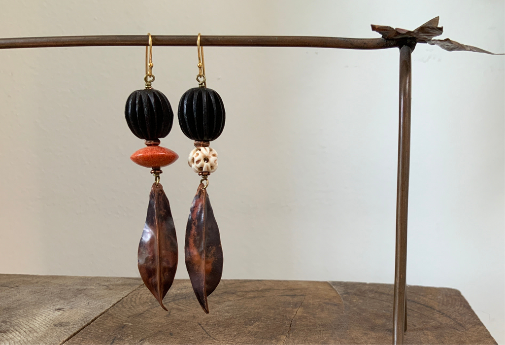 Earrings with handmade copper leaf pendant and beads from wood and bone
