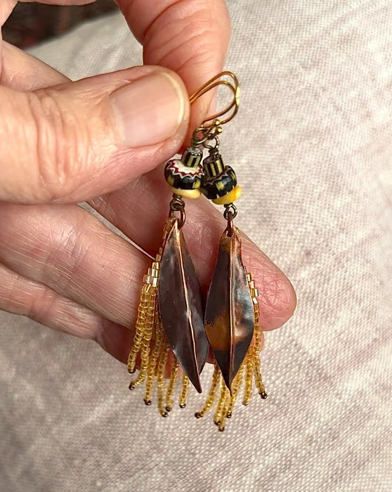 Chandelier earrings with antique Murano beads and copper leaf