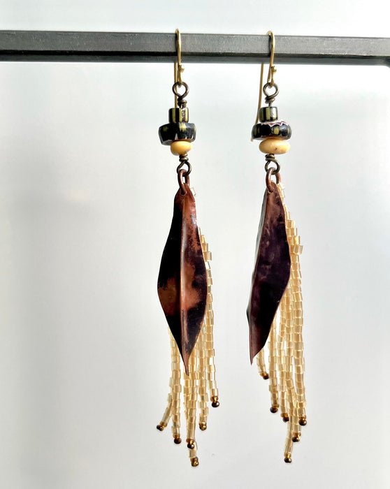 Chandelier earrings with antique Murano beads and copper leaf