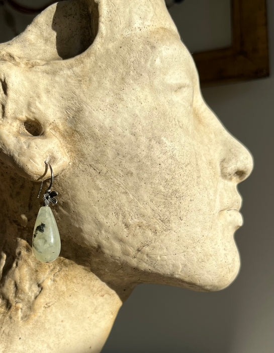 Sterling earring with natural Prehnite/Tourmaline stone