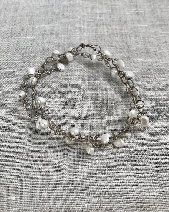 Handmade sterling silver double bracelet with freshwater pearls