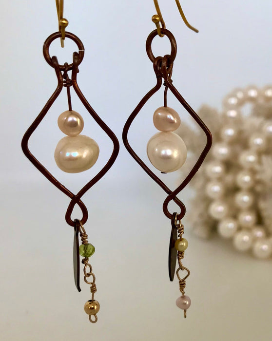 Pearl earrings with up-cycled copper frames