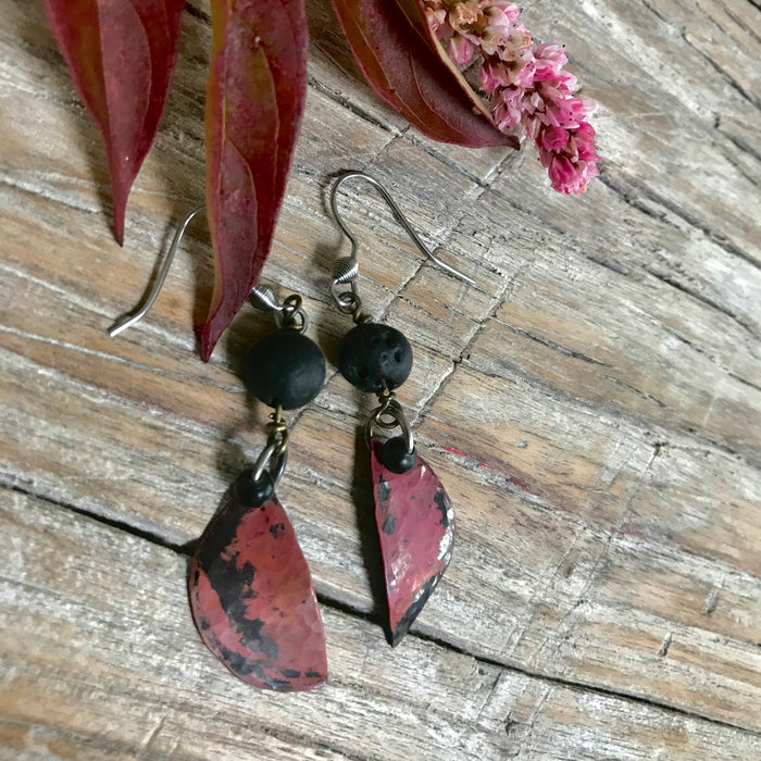 Handmade up-cycled copper and lava earrings