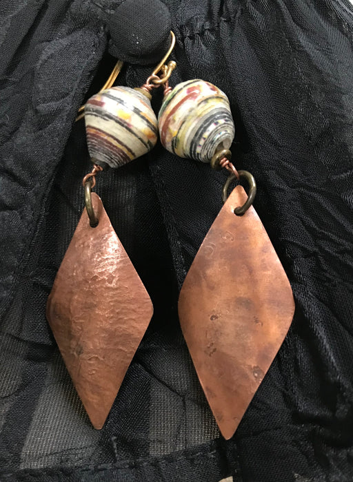 Handmade copper earrings with fair-trade African paper beads