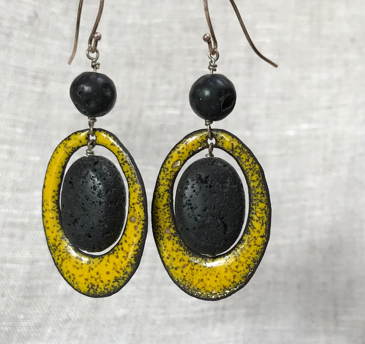 Lava bead earrings and enameled copper discs