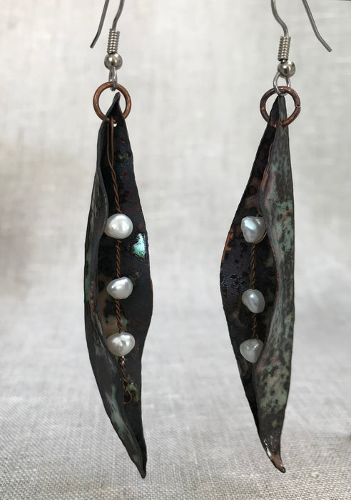 Enameled copper pea pod earrings with freshwater pearls