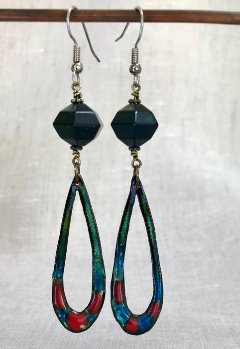 Enameled earrings with Murano-glass and black bakelite beads