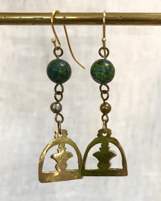 Upcycled brass earrings with jade beads