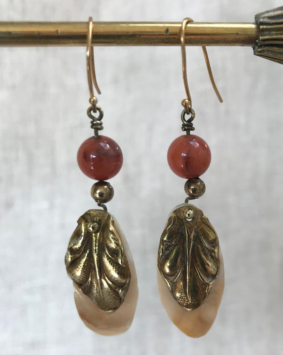 Carnelian earrings with brass and mother of pearl pendants