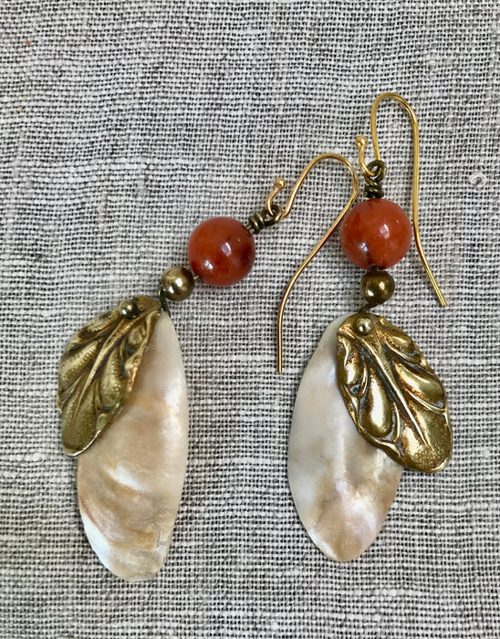 Carnelian earrings with brass and mother of pearl pendants