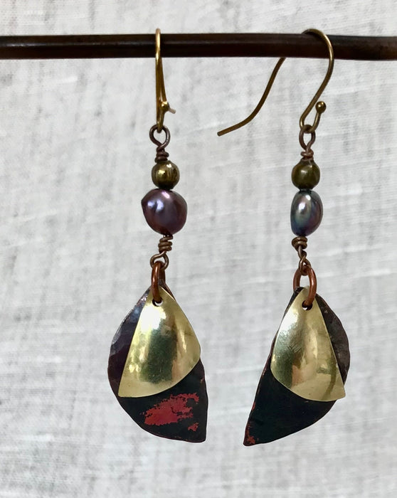 Up-cycled copper and brass earrings with freshwater pearls