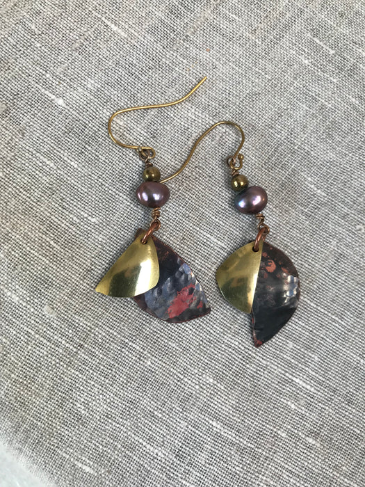 Up-cycled copper and brass earrings with freshwater pearls