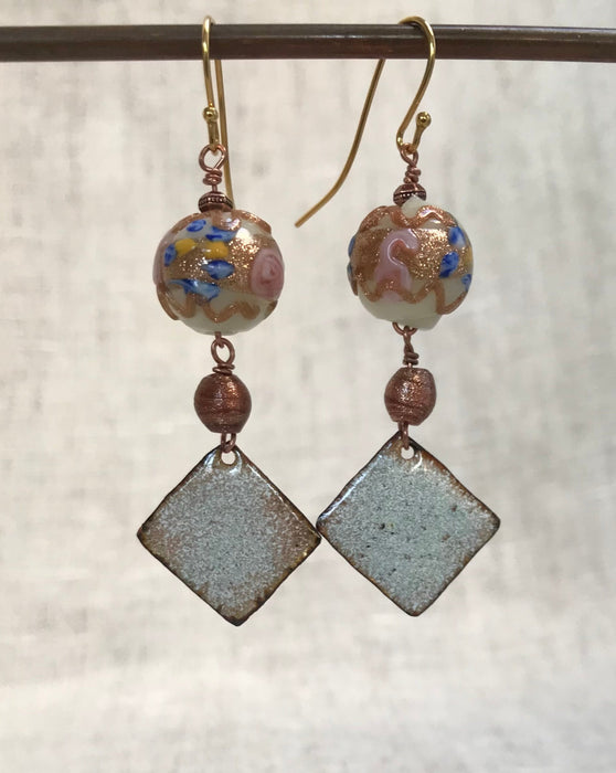 Unique earrings with Murano glass-beads and enameled copper