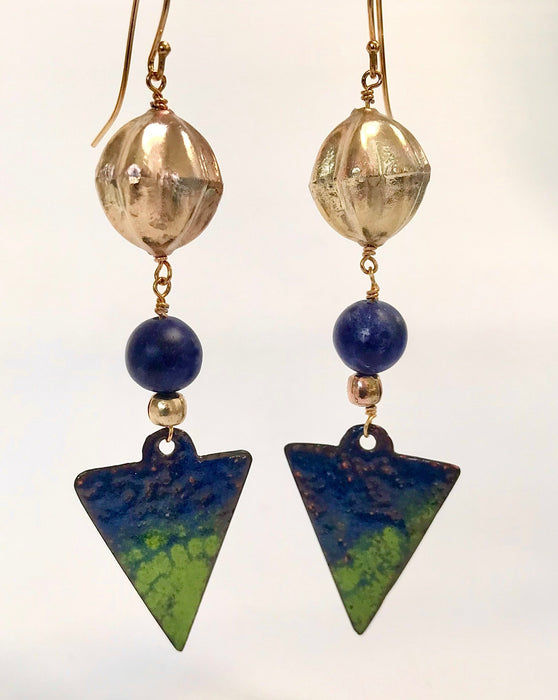 Enamel earrings with old gold-plated Sri Lankan beads